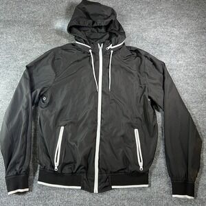 21Men Mens Black Hooded Windbreaker‎ Jacket Full Zip White Trim Size Medium B54